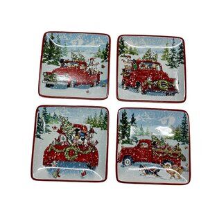 Red Truck Dogs Puppies Christmas Plates Square Holiday Decor Snow Santa